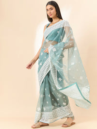 Thumbnail for Blue Organza Geometric Embroidered Saree with Unstitched Blouse Piece - Roozal - Distacart