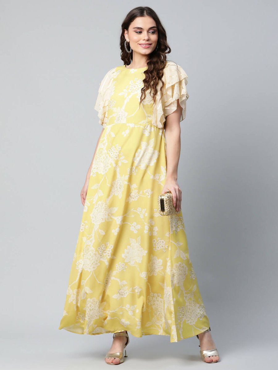 Ahalyaa Womens Lemon Yellow Crepe Floral Dress - Distacart