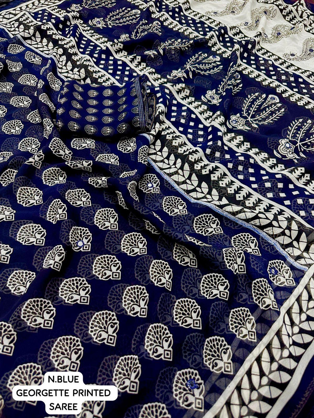 Navy Blue Poly Georgette Ajrak Saree with Unstitched Blouse - Hiral Fashion - Distacart