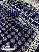 Thumbnail for Navy Blue Poly Georgette Ajrak Saree with Unstitched Blouse - Hiral Fashion - Distacart