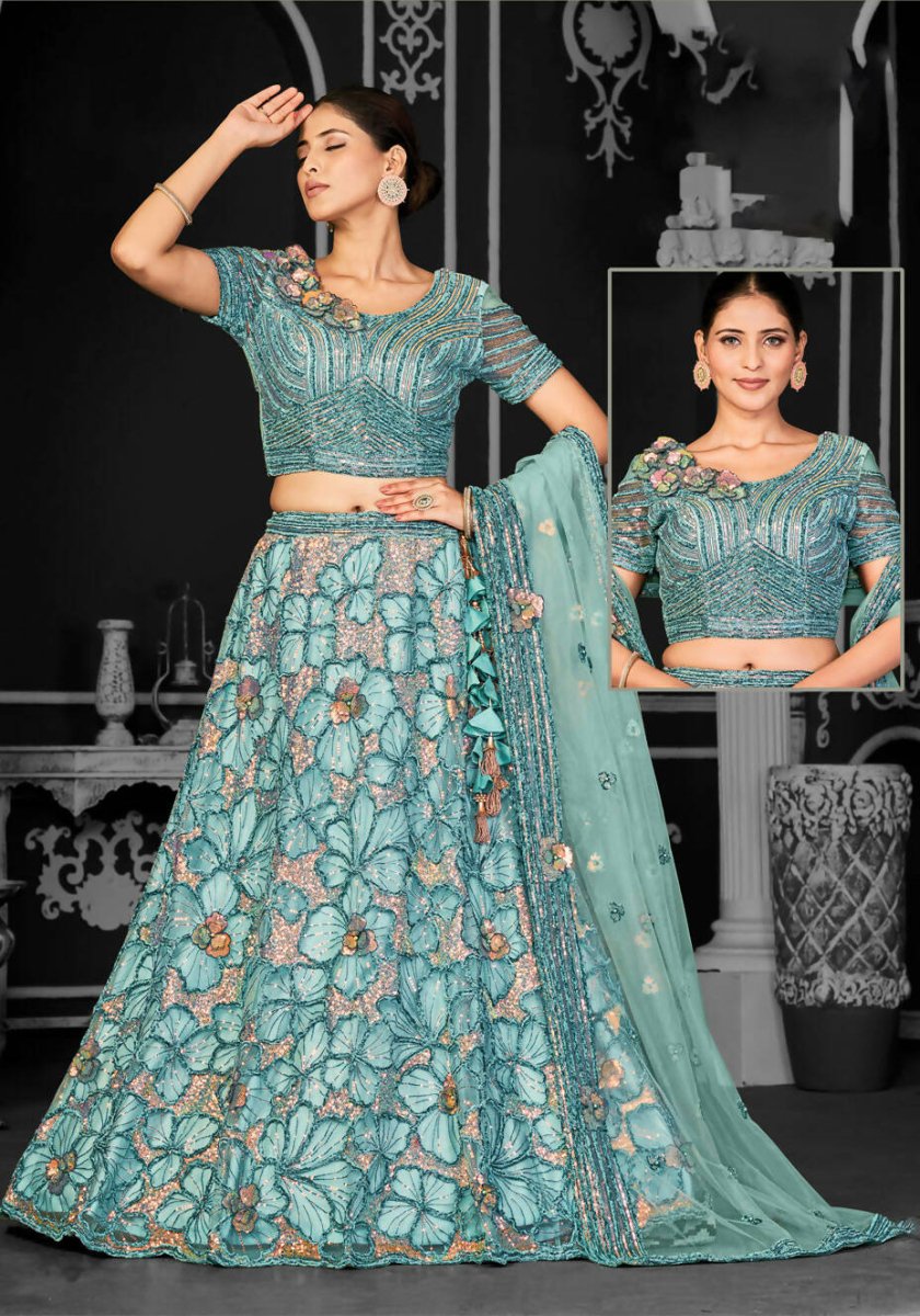 Aqua Blue Net Semi-Stitched Bridal Lehenga - Nimayaa Bonanza - Distacart