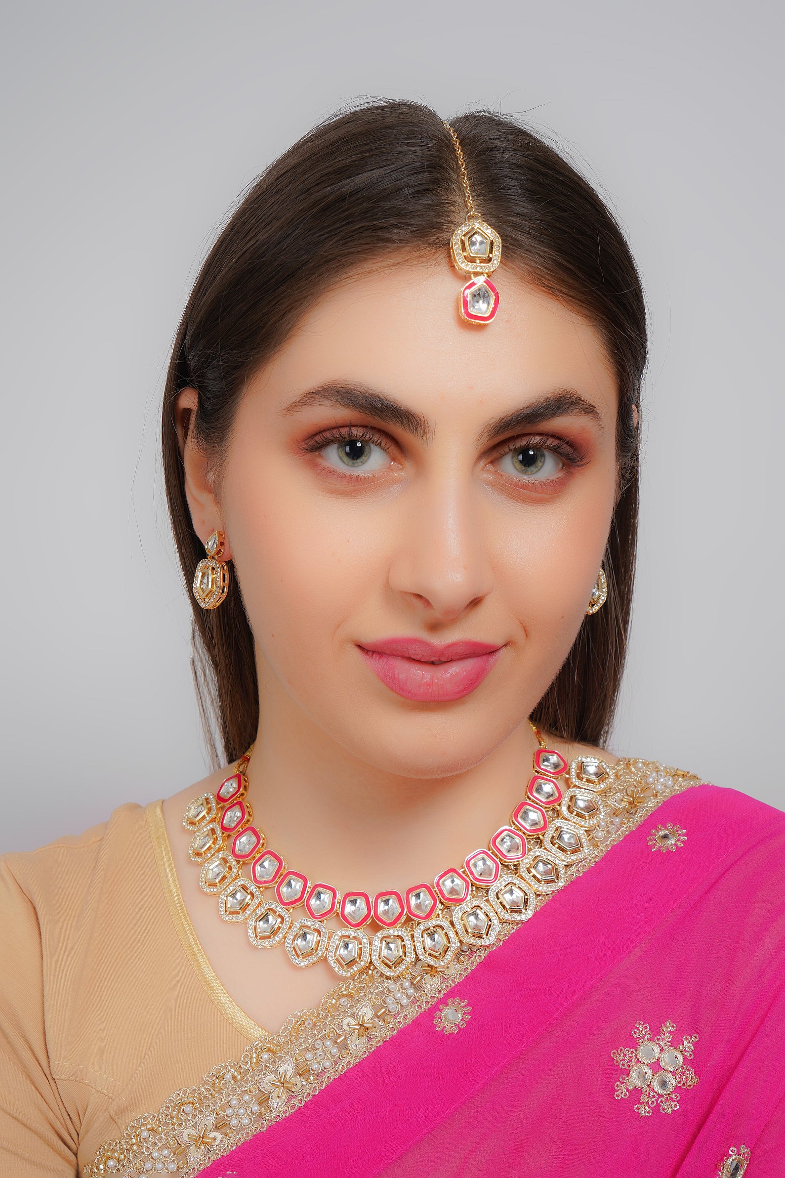 Divisha Alloy Gold-plated Pink Meenakari Kundan Jewellery Set