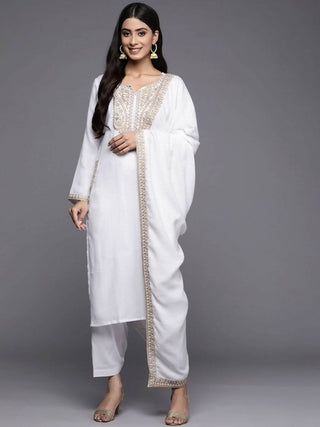 Ahalyaa Women White Ethnic Motifs Embroidered Aari Work Pashmina Kurta with Salwar & With Dupatta - Distacart