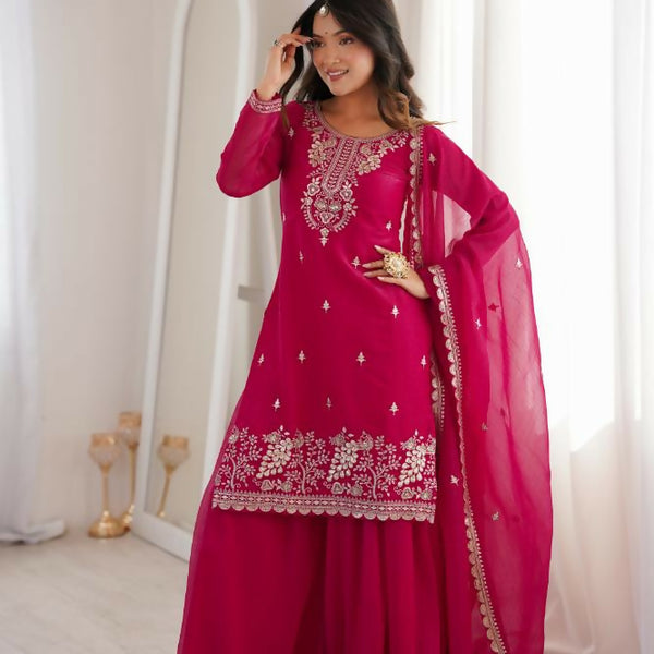 Lehenga Mart Designer Sharara Suit With Kurta, Sharara, Dupatta For Women-Dark Rani - Distacart