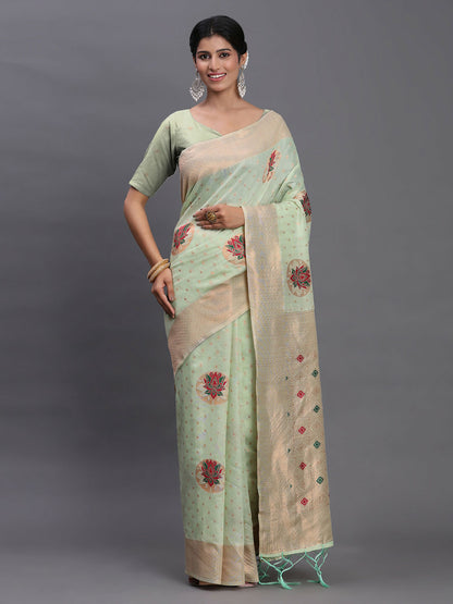 Shree Shyam Fashion Linen Cotton Light Green Saree - Distacart