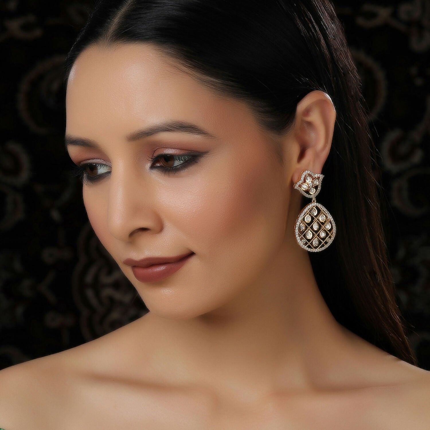 Jhallar Kundan and Diamond Dangler Earrings (Gold) - Ruby Raang - Distacart