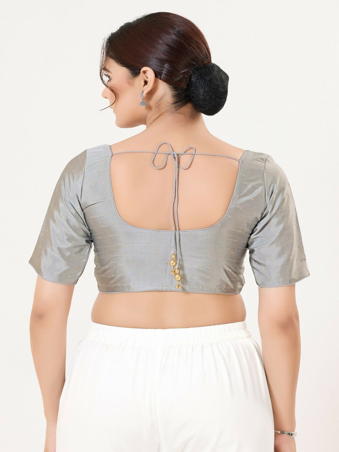 Joban Fashion Grey Taffeta Silk Elbow Sleeveless Front Open Blouse