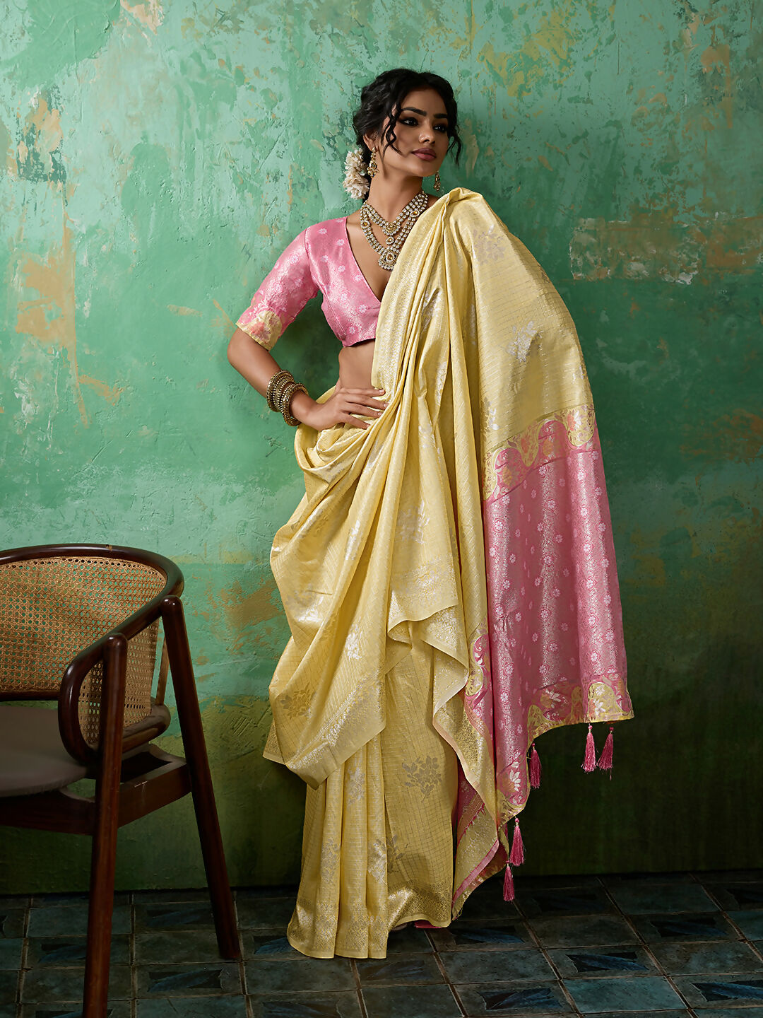 Shree Shyam Fashion Yellow Linen Cotton Saree - Dista