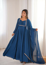 Thumbnail for Lehenga Mart Designer Anarkali Suit With Kurta, Dupatta For Women-Teal Blue - Distacart
