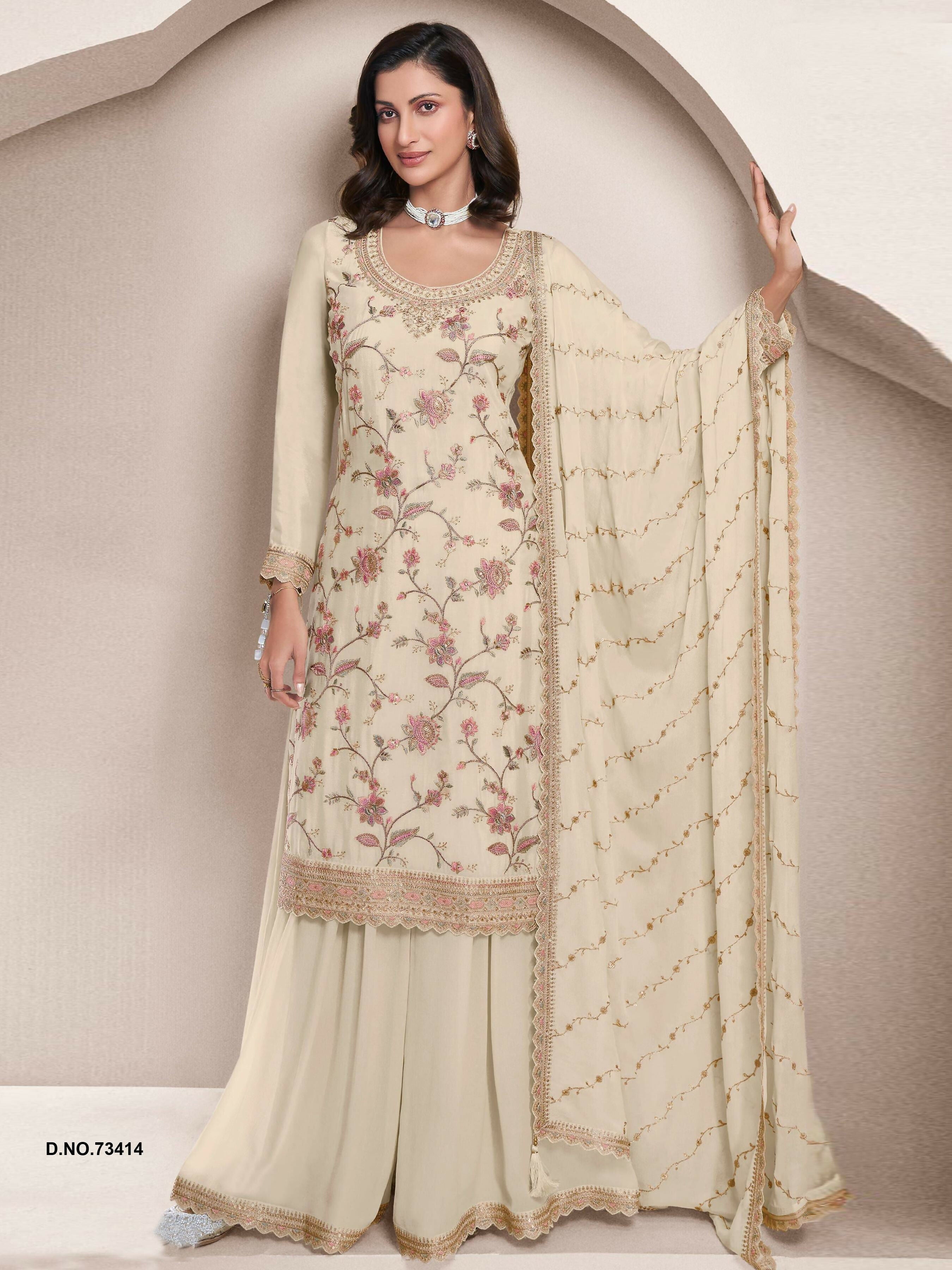 Anaita Off White Heavy Chinon With Embroidery Sharara Suit (bottom Stitched) - Distacart