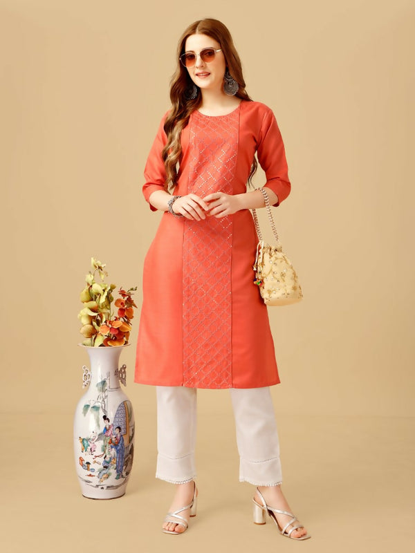 Jyoti Fashion Women's Coral Cotton Blend Embroidered Kurta Pant Set - Distacart
