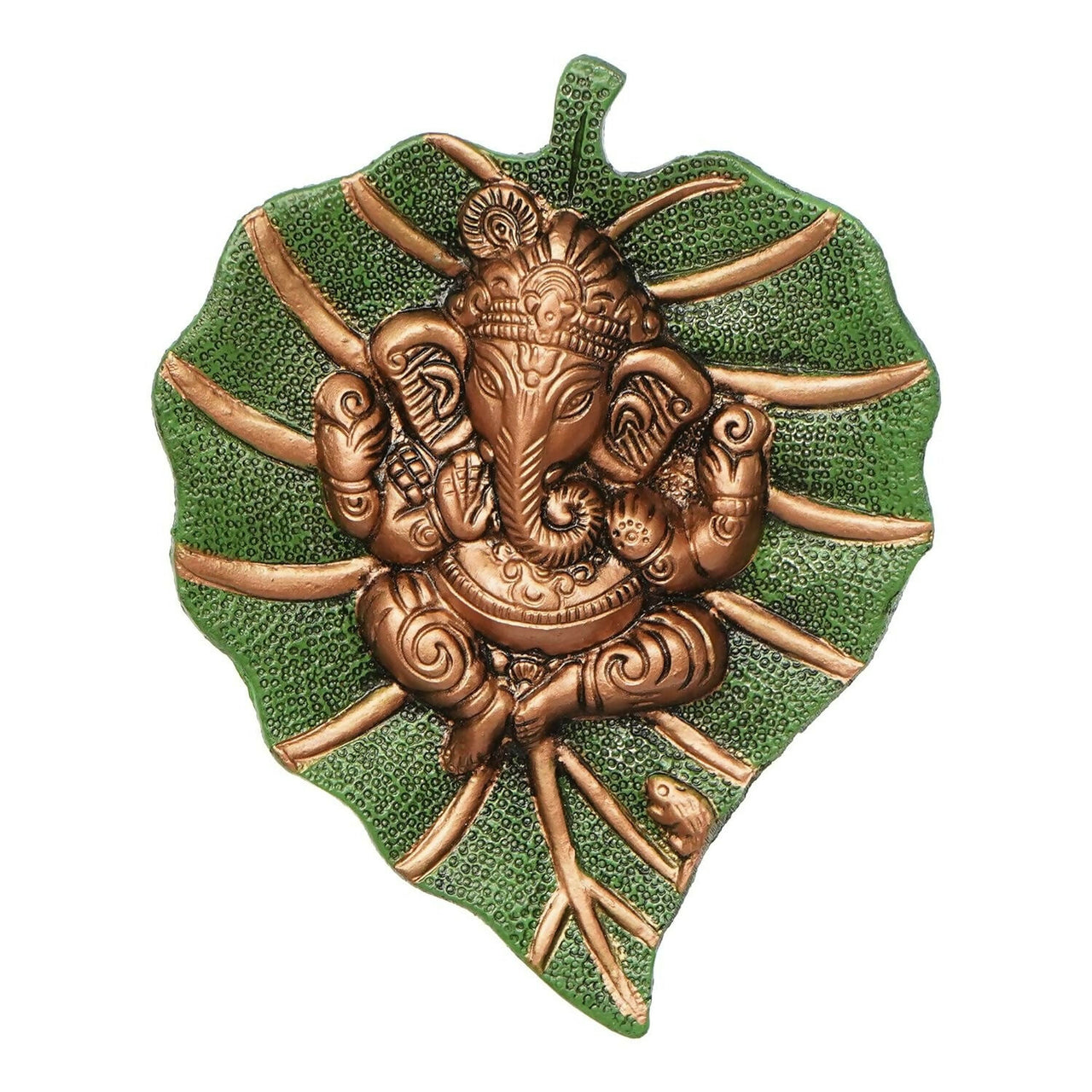 eCraftIndia Metal Golden Lord Ganesha On Green Leaf Wall Hanging Sculpture - Distacart