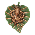 Thumbnail for eCraftIndia Metal Golden Lord Ganesha On Green Leaf Wall Hanging Sculpture - Distacart
