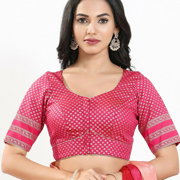 Joban Fashion South Pink Brocade Padded Blouse With Round Neck Elbow Sleeves