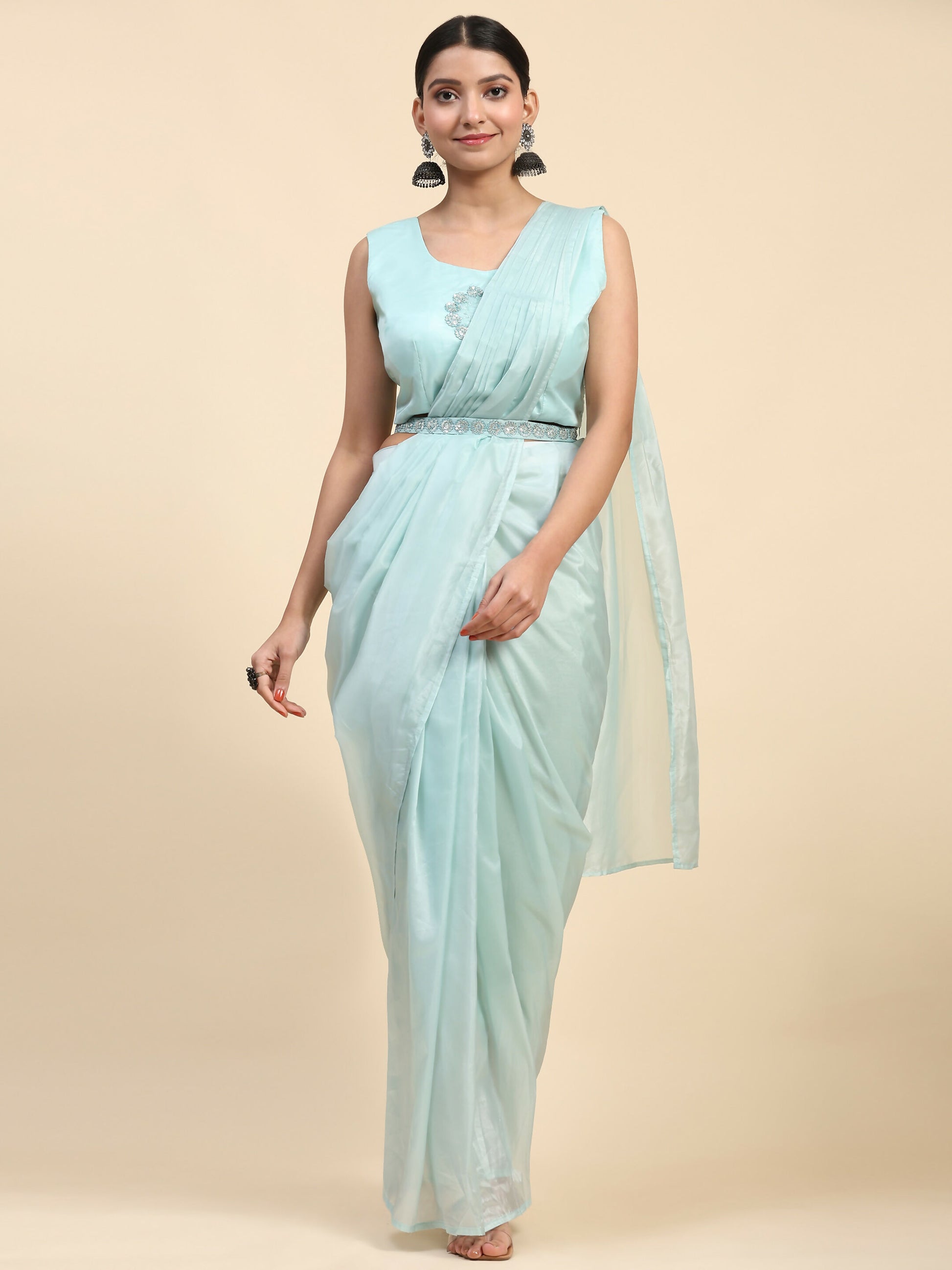 Blue Satin Solid Ready to wear Saree with stitched Blouse - Vanita - Distacart