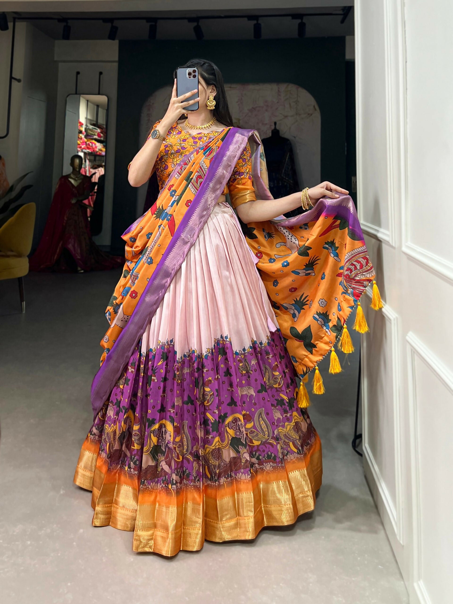 Vastranavya Kalamkari Print With Weaving Border Lehenga with Unstitched Blouse - Purple - Distacart