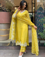 Thumbnail for The52 Yellow Women's Gorgeous Embroidered Georgette Fabric Straight Kurta Pant with Dupatta Set - Distacart