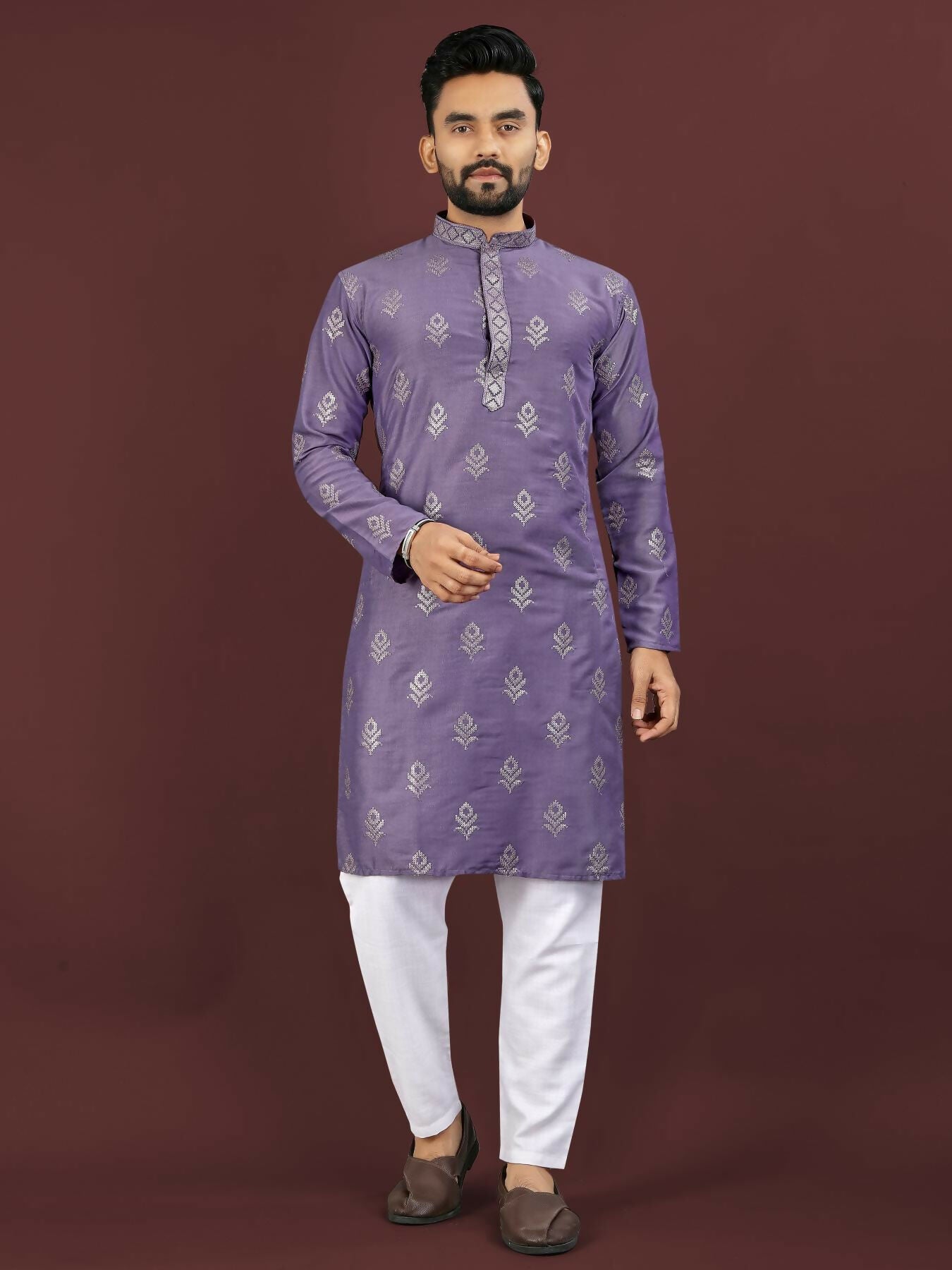 Anaita Purple Embroidered Silk Straight Kurta - Distacart