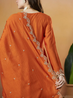 Thumbnail for The52 Orange Women's Beautiful Vichitra Silk Fabric Embroidered Work Flared Anarkali Pant and Dupatta Set - Distacart