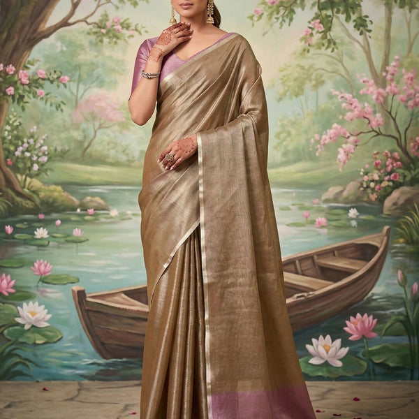 Shree Shyam Fashion Brown Tissue Silk Saree - Distacart