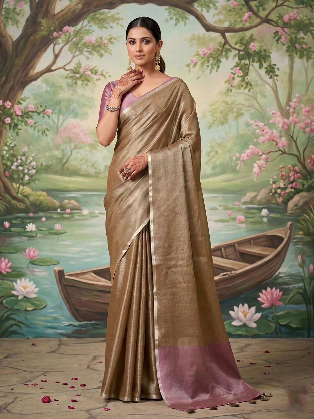 Shree Shyam Fashion Brown Tissue Silk Saree - Distacart