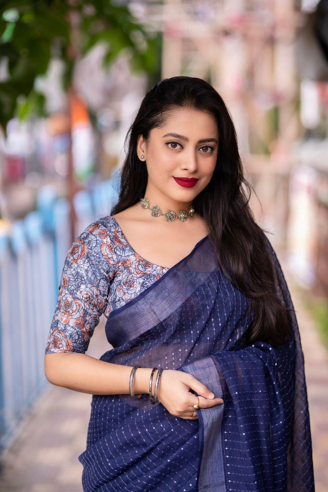 Blue Linen Sequence Saree with Unstitched Blouse - Hiral Fashion - Distacart