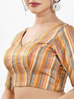 Thumbnail for Joban Fashion Peach Multi Brocade Padded Blouse With V Neck Elbow Sleeves - Distacart