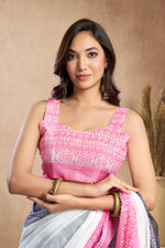 Thumbnail for Vastranavya White Digital Printed Linen Ready To Wear Designer Saree with Unstitched Blouse - Distacart