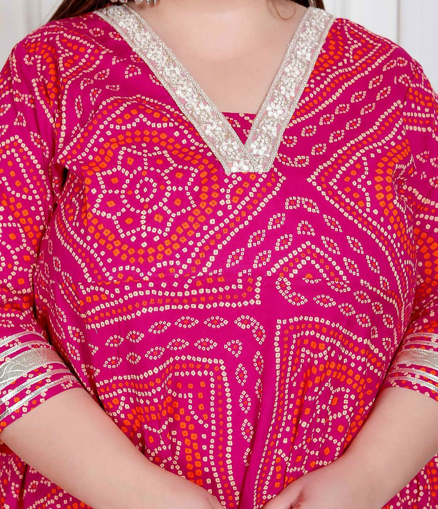 Miravan Plus Size Women'S Pink Cotton Bandhani Ethnic Anarkali Kurta