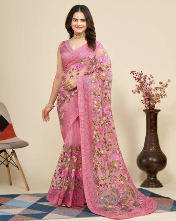 Teeya Creation Womens Latest Stylish Party Wear Soft Net Saree-Pink - Dista