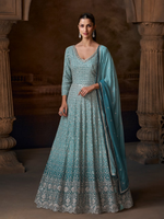 Thumbnail for Anaita Blue Real Georgette Stitched Anarkali Suit with Embroidery & Sequence Work - Distacart