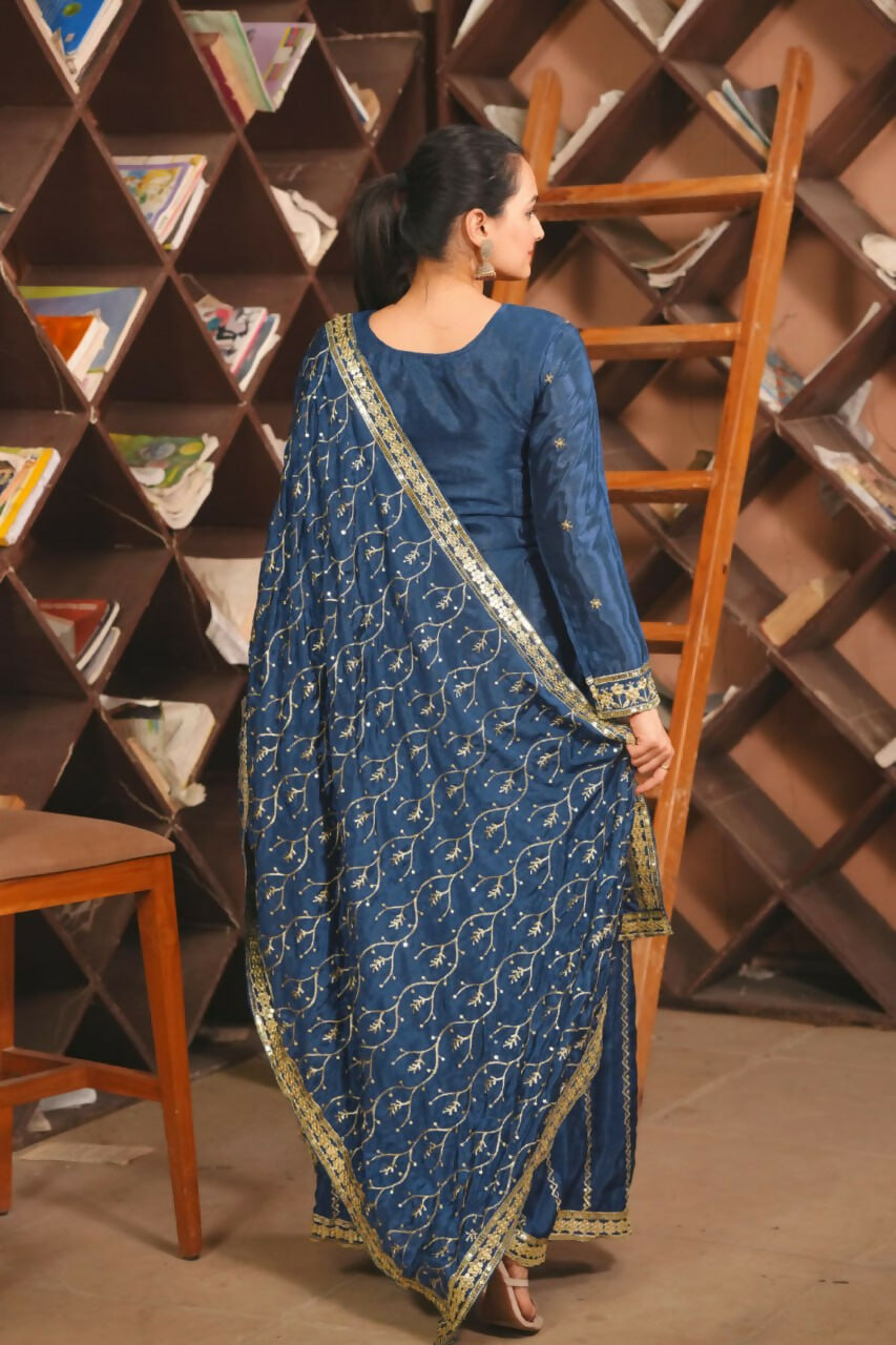 Joban Fashion Blue Silk Embroidered Sharara Set - Distacart