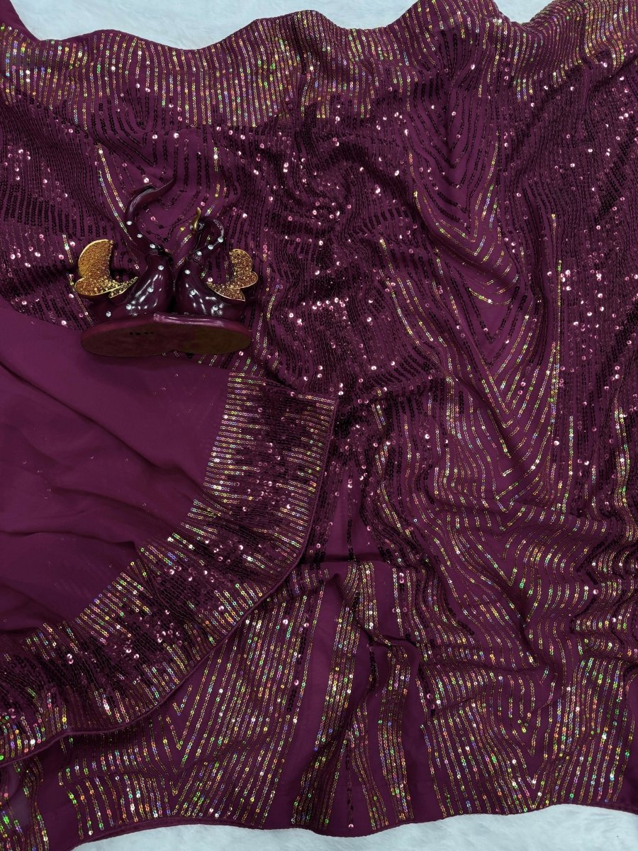 Arfa Fashion House Wine Georgette Sequince Saree - Distacart