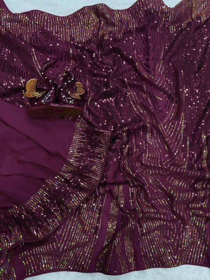 Arfa Fashion House Wine Georgette Sequince Saree - Distacart