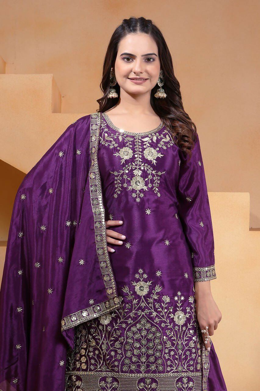 Joban Fashion Purple Silk Embroidered Sharara Set - Distacart
