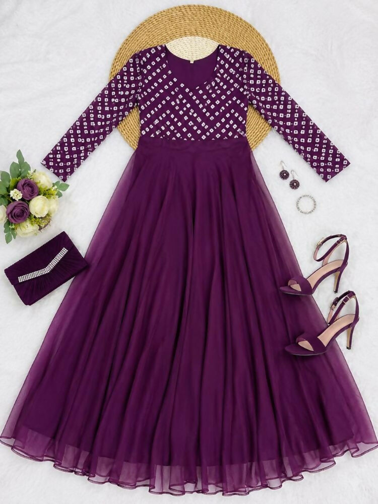Teeya Creation Women's Wine Bandhani Print Anarkali Gown - Dista