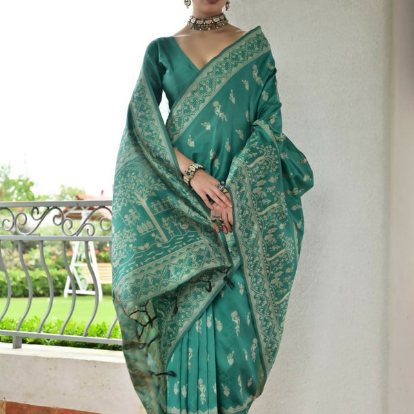 Vishnu Weaves Women's Rama Handloom Raw Silk Thread Weaving Saree with Blouse