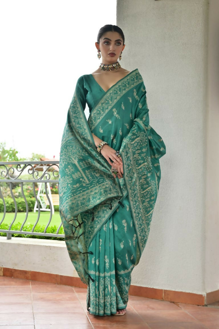 Vishnu Weaves Women's Rama Handloom Raw Silk Thread Weaving Saree with Blouse