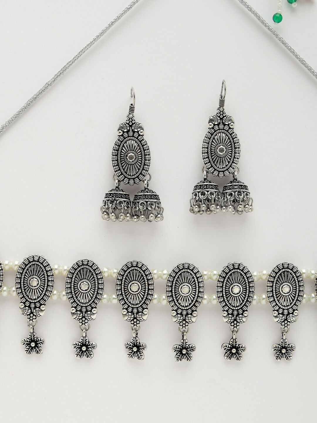 NVR Women's Silver-Plated Choke Oxidized Necklace with Jhumka Earrings - Distacart