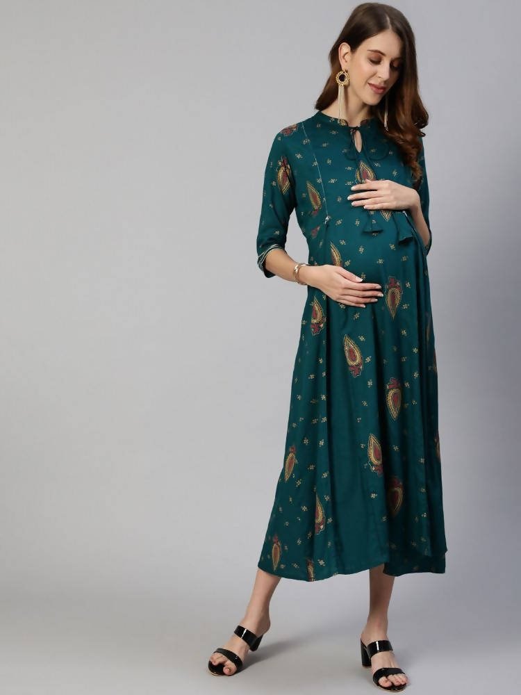 Anubhutee Teal Green Ethnic Motifs Tie-Up Neck Maternity A-Line Midi Dress - Distacart
