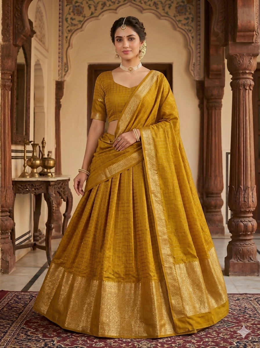 Teeya Creation New South Indian Silk Checked Half Saree Lehenga Choli with Zari Border-Yellow - Dista