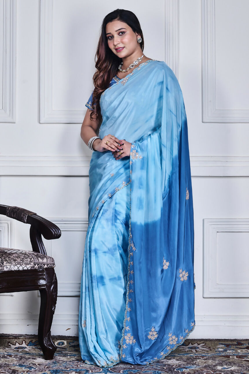 Morchari Sky Blue Crepe Hand Embroidery Saree And Stitched Blouse