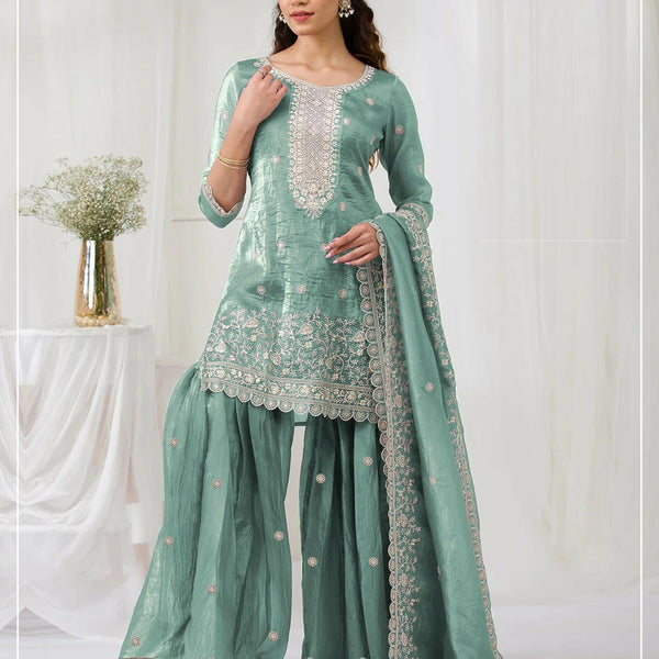 Anaita Sky Blue Gold Crush Stitched suit with heavy embroidery work - Distacart