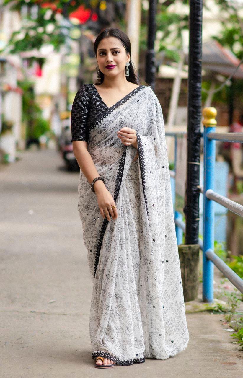 Black Pure Georgette Warli Saree with Unstitched Blouse - A2M - Distacart