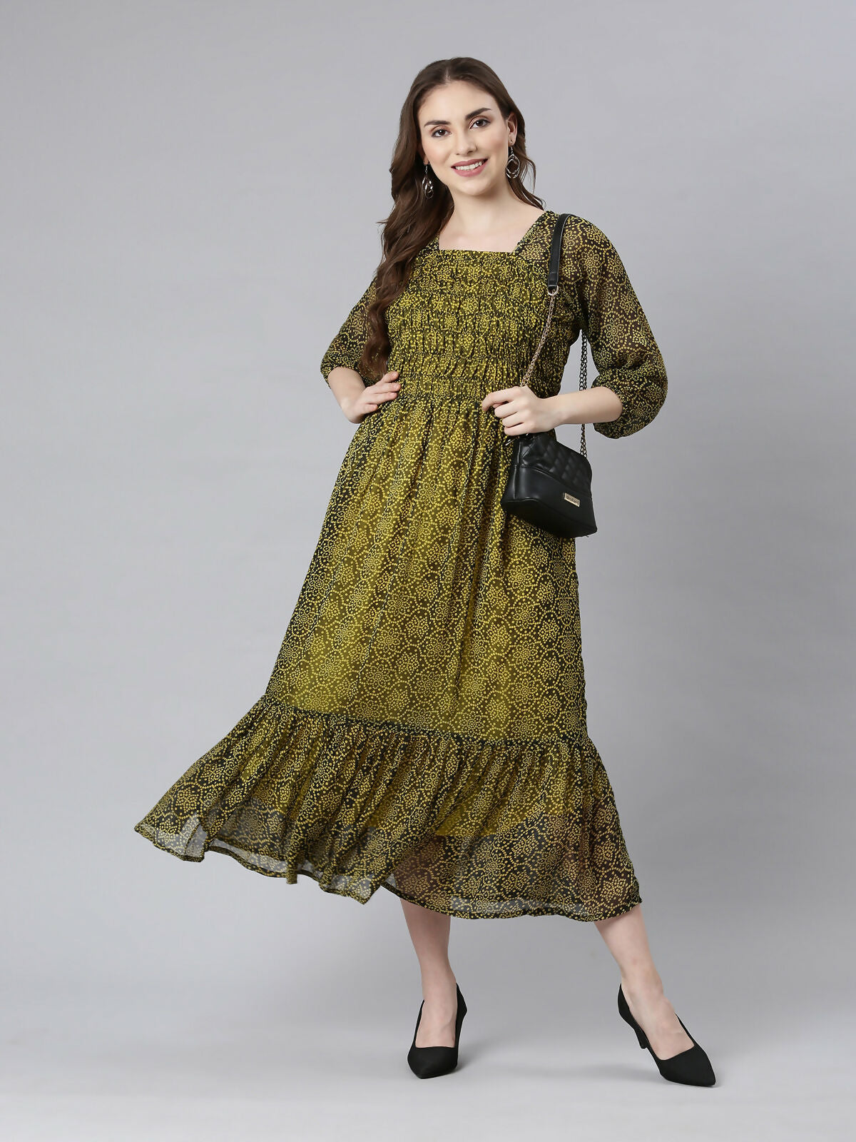 Souchii Black Bandhani Printed Ethnic Fit & Flare Dress - Dista