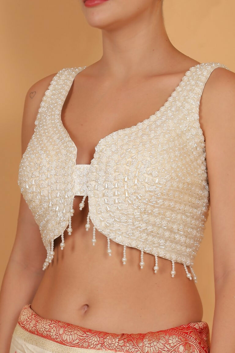 Joban Fashion Silk Pearl And Beads Hand Embroidery Padded Blouse - White