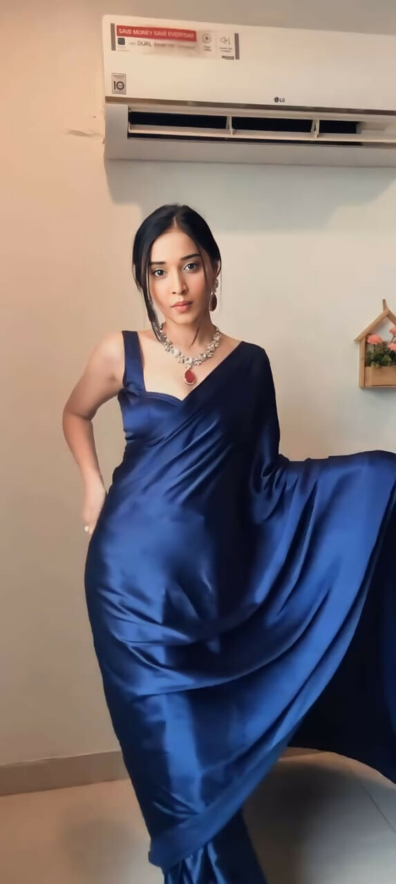 Malishka Satin Silk Solid Ready To Wear Saree With Blouse Piece - Navy - Distacart