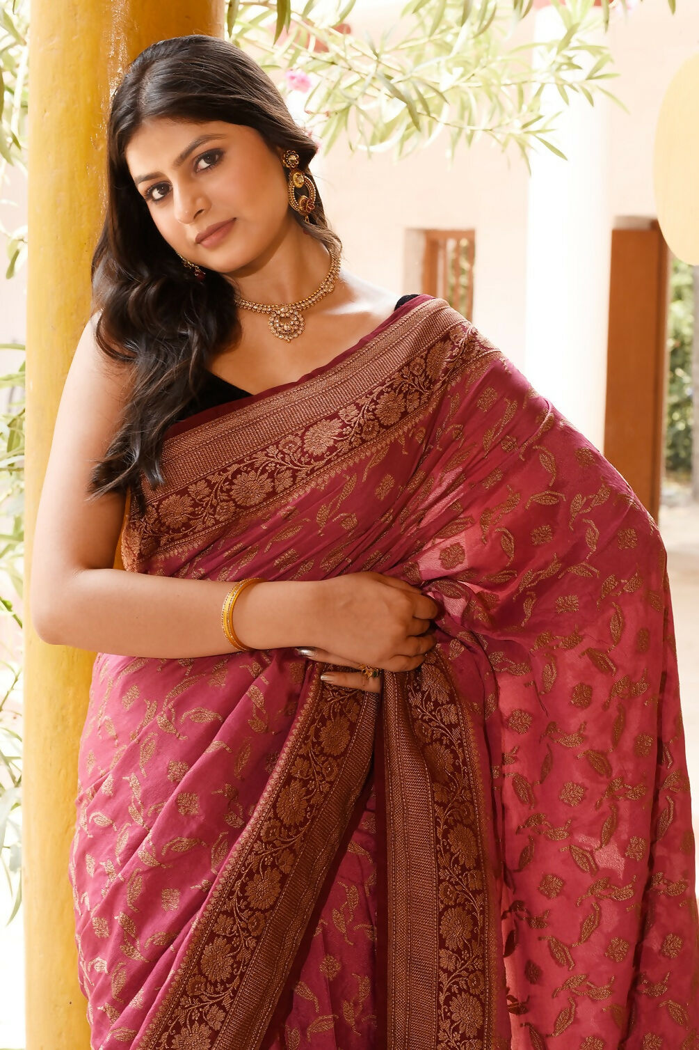 Joban Fashion Dark Pink Crepe Chiffon Pure Handloom Banarasi Silk Saree