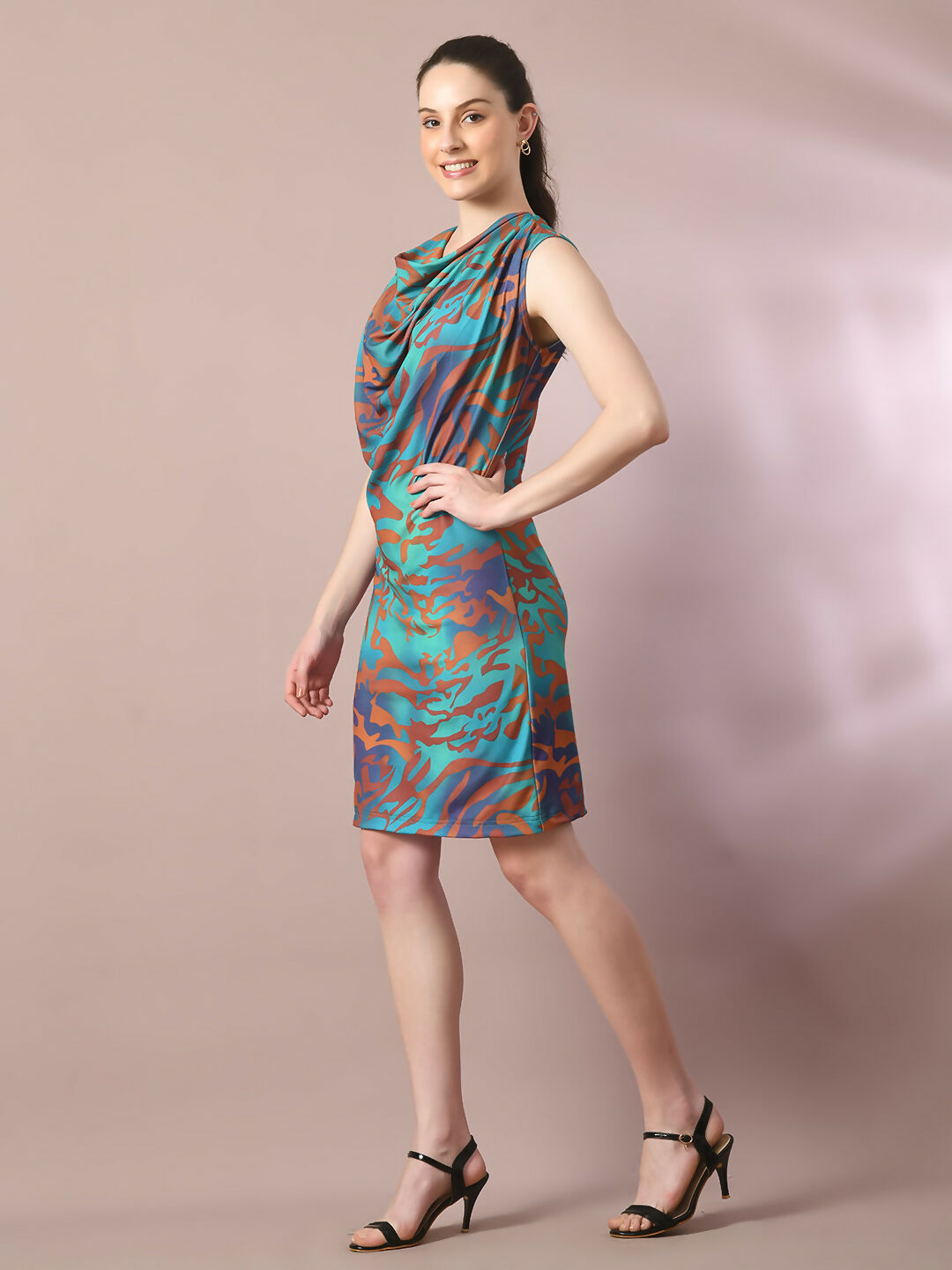 Myshka Women's Multi Printed Cowl Neck Bodycon Party Dress - Distacart