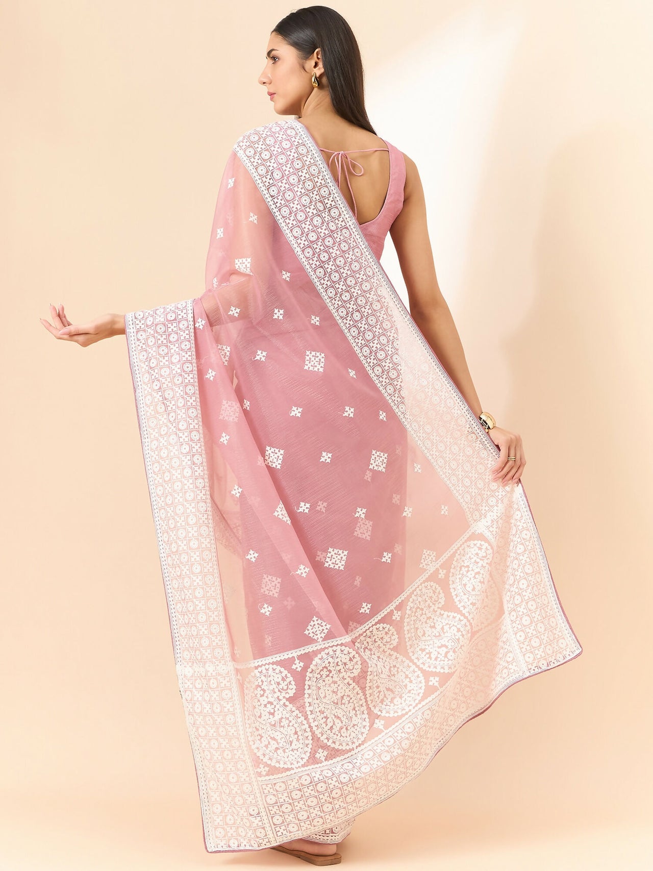 Pink Organza Geometric Embroidered Saree with Unstitched Blouse Piece - Roozal - Distacart